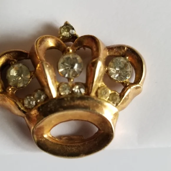 Relisted-Vintage crown shaped clip earrings gold tone clear rhinestones royal - Picture 12 of 17